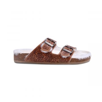 Prairie Winds Hand-tooled Fur Comfort Leather Sandals