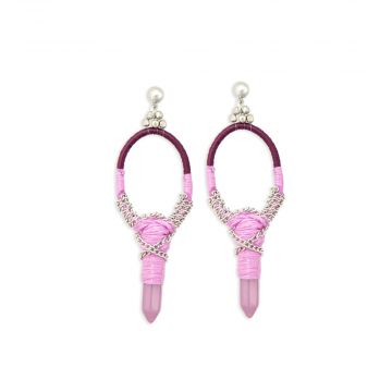 Krystal Key Woven, Beaded Earrings With Crystal Charm in Pink