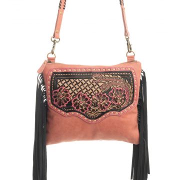 Millstone Fringed Hand-Tooled Bag in Pink